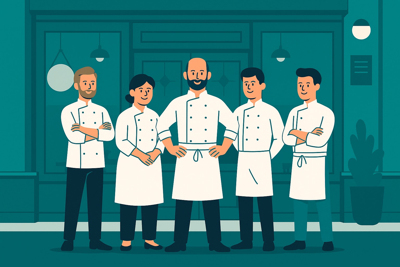 Brigade de cuisine devant un restaurant